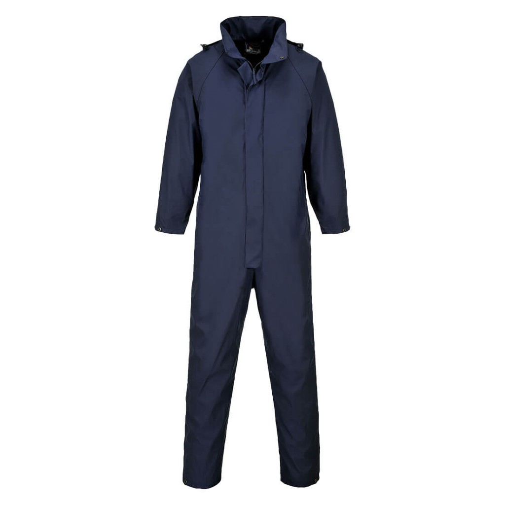 A navy blue coverall designed for use on construction sites and in industrial work environments.,
