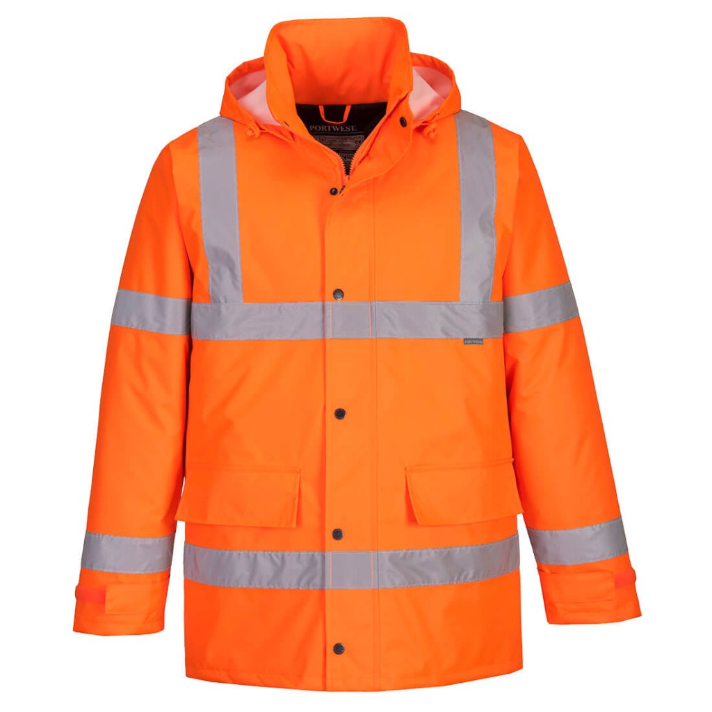 A high-visibility orange jacket featuring retroreflective tape panels, suitable for a wide range of outdoor and site work applications.