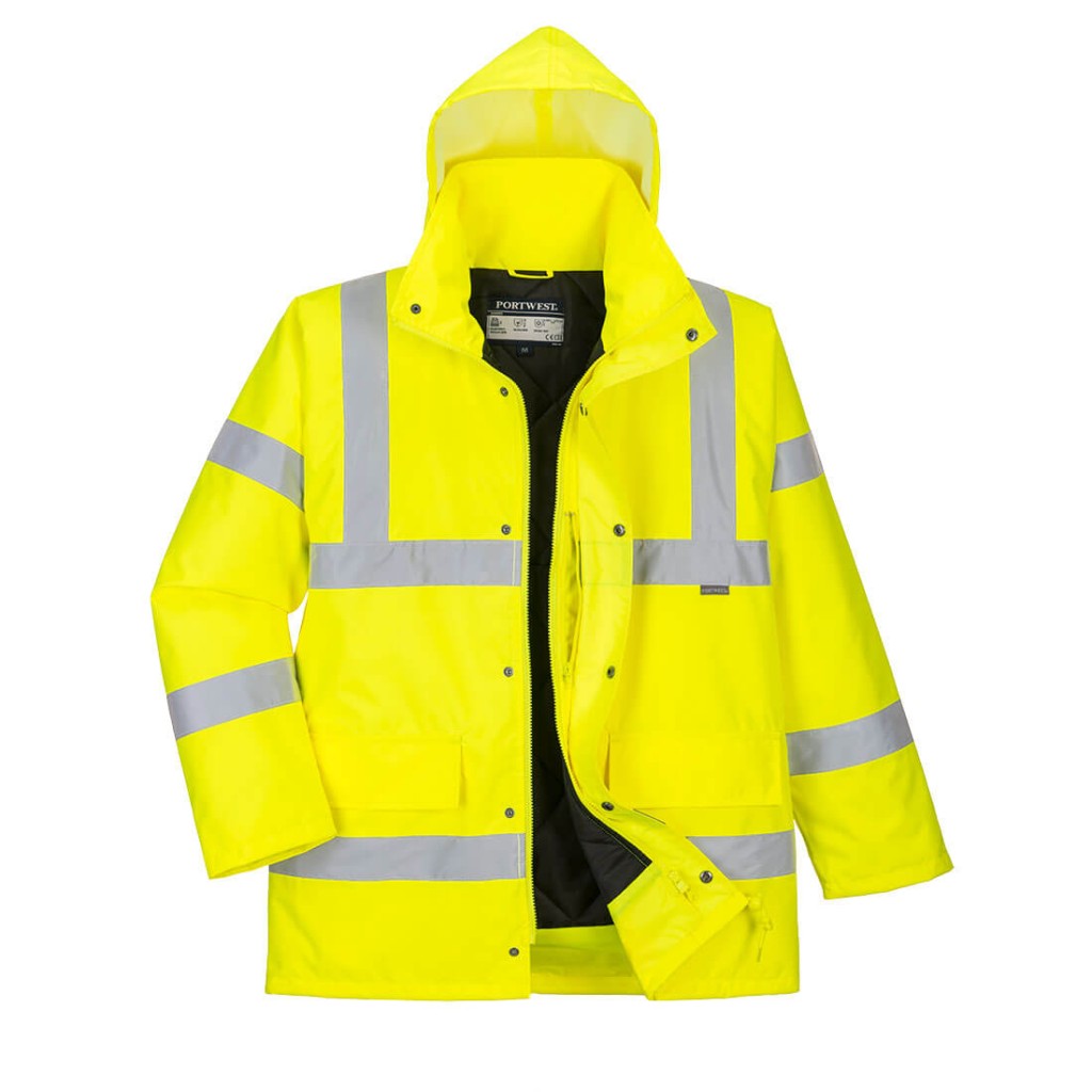 A high-visibility yellow waterproof jacket featuring retroreflective tape panels, a breathable membrane, suitable for a wide range of outdoor and site work applications.