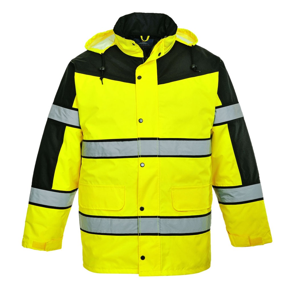A high-visibility yellow jacket featuring retroreflective tape panels, suitable for a wide range of outdoor and site work applications.