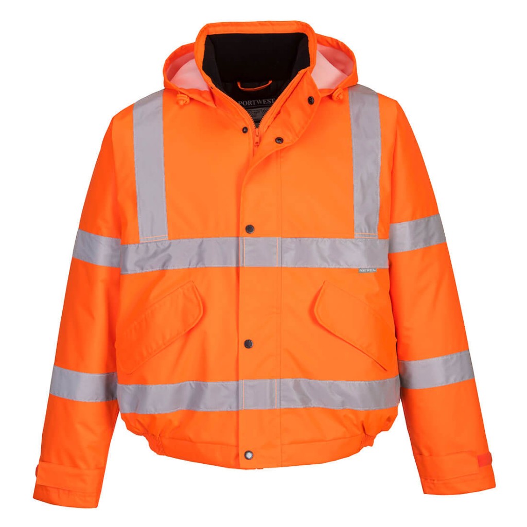 A high-visibility orange jacket featuring retroreflective tape panels, suitable for a wide range of outdoor and site work applications.