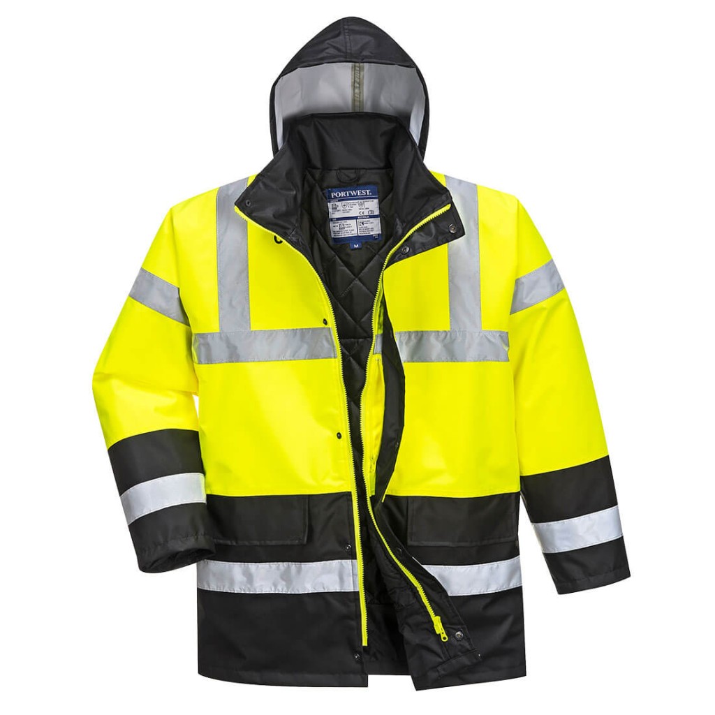 A high-visibility yellow jacket featuring retroreflective tape panels, suitable for a wide range of outdoor and site work applications.