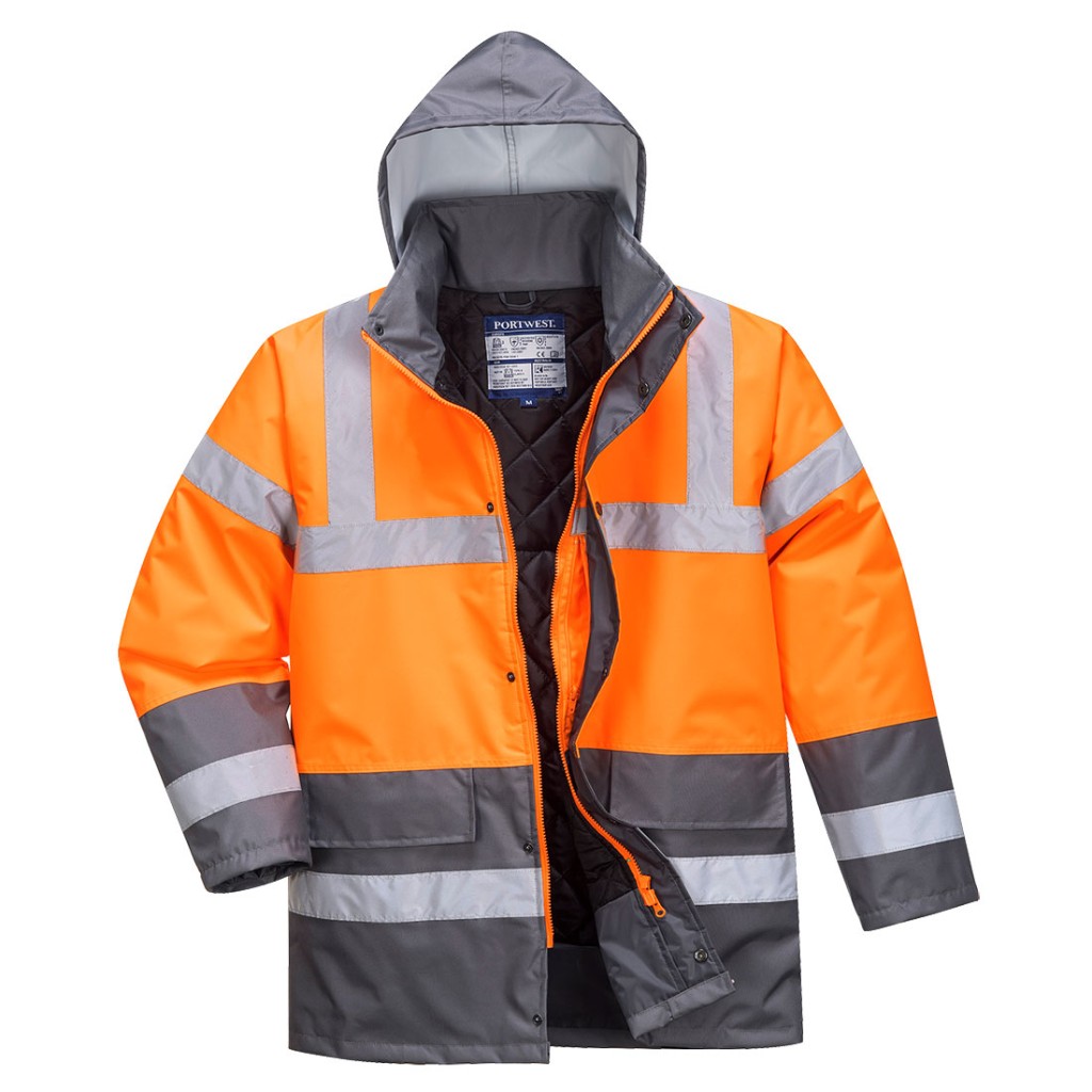 A high-visibility orange jacket featuring retroreflective tape panels, suitable for a wide range of outdoor and site work applications.