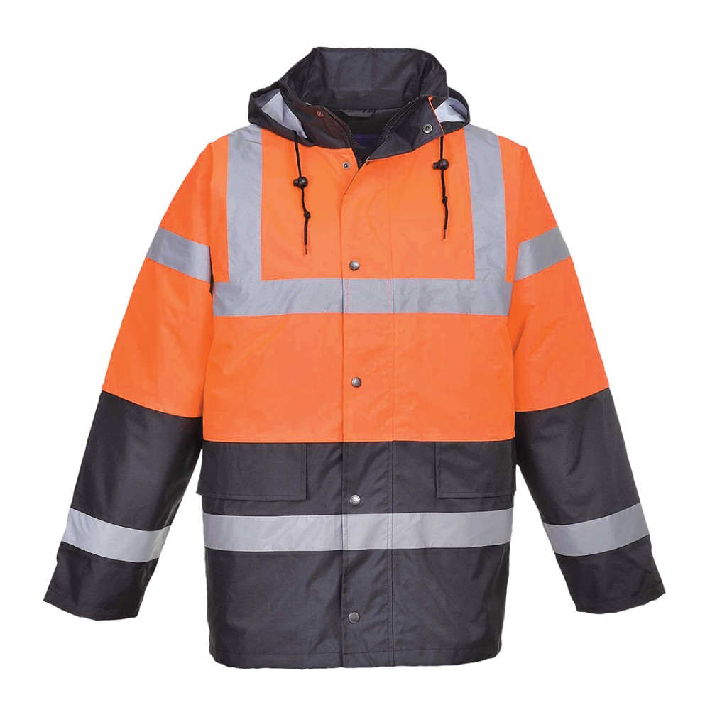 A high-visibility orange jacket featuring retroreflective tape panels, suitable for a wide range of outdoor and site work applications.