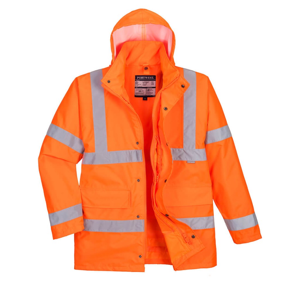 A high-visibility orange jacket featuring retroreflective tape panels, suitable for a wide range of outdoor and site work applications.