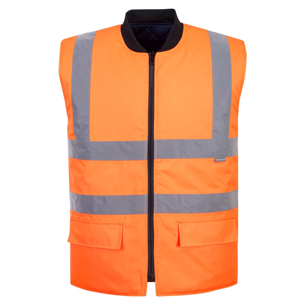 A high-visibility orange workwear garment featuring retroreflective tape panels, suitable for a wide range of outdoor and site work applications.