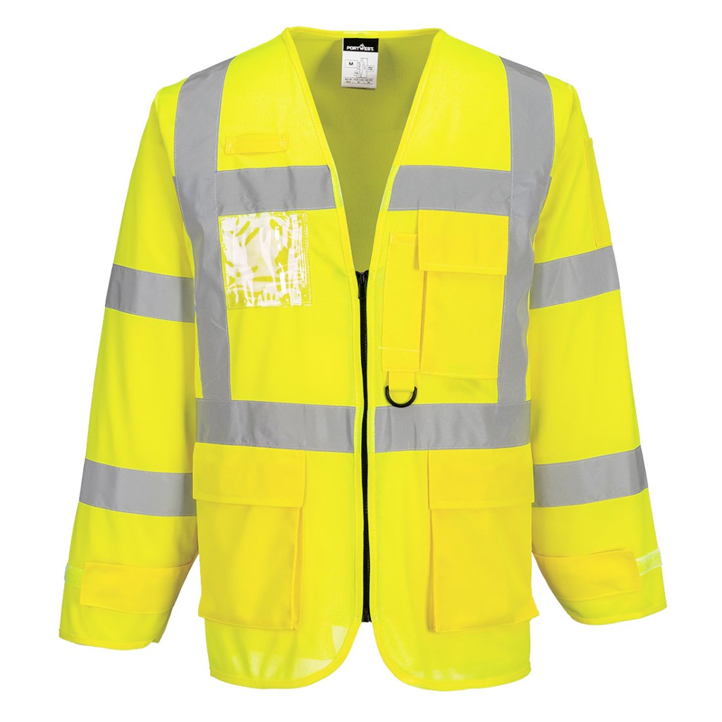 A high-visibility yellow jacket featuring retroreflective tape panels, suitable for a wide range of outdoor and site work applications.