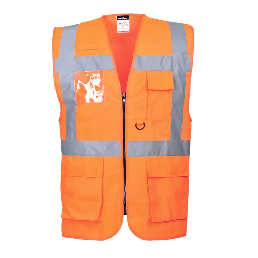 A high-visibility orange vest featuring retroreflective tape panels, suitable for a wide range of outdoor and site work applications.