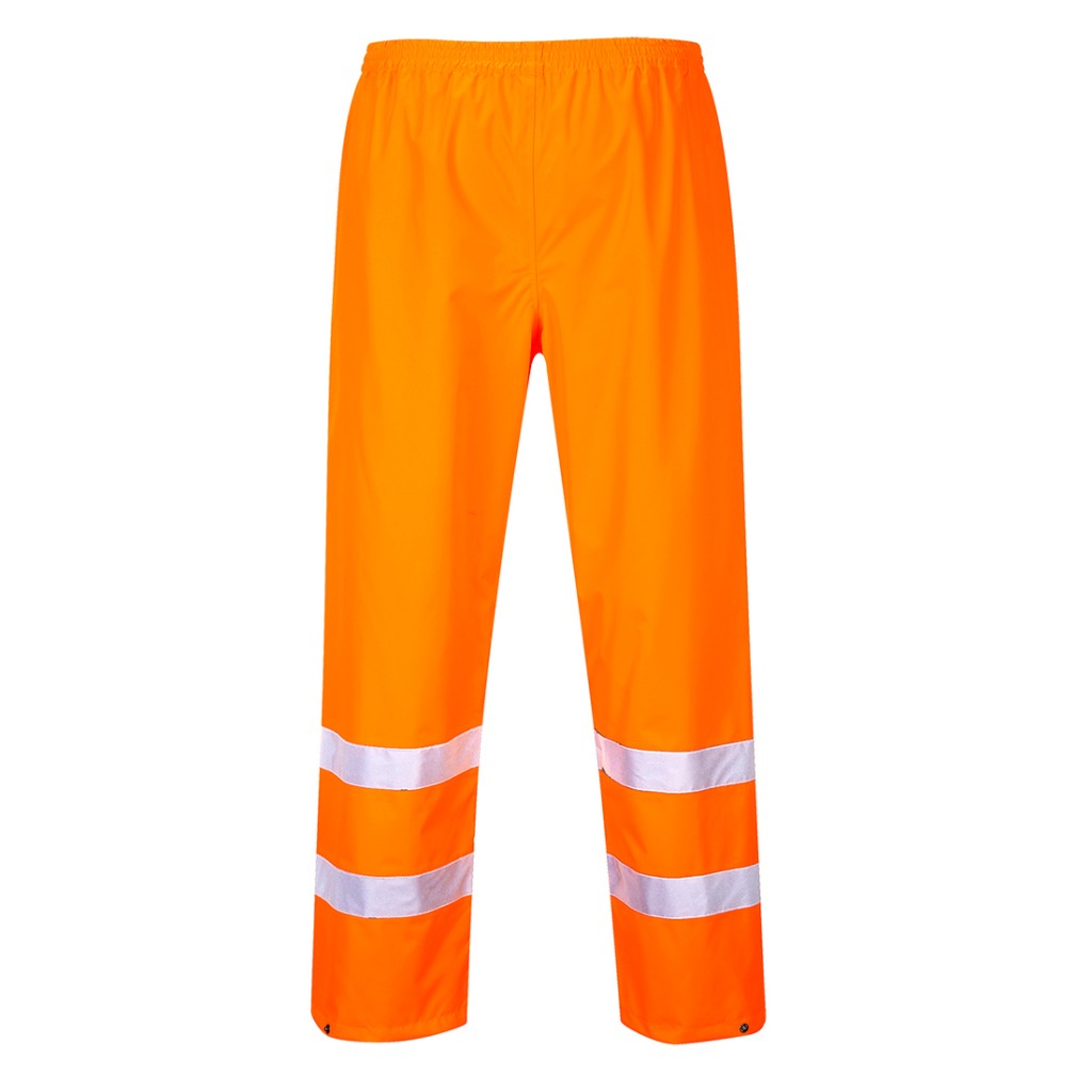 A pair of high-visibility orange trousers featuring retroreflective tape panels, suitable for a wide range of outdoor and site work applications.