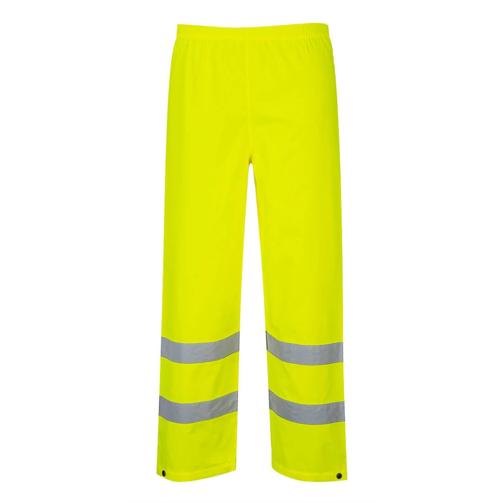 A pair of high-visibility yellow trousers featuring retroreflective tape panels, suitable for a wide range of outdoor and site work applications.