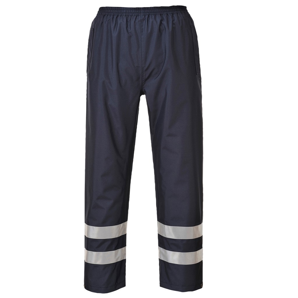 A pair of navy blue work trousers designed for use on construction sites and in industrial work environments.,