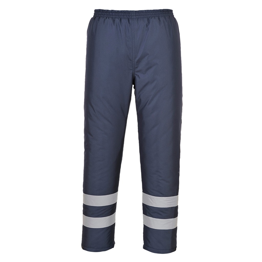 A pair of navy blue work trousers designed for use on construction sites and in industrial work environments.,