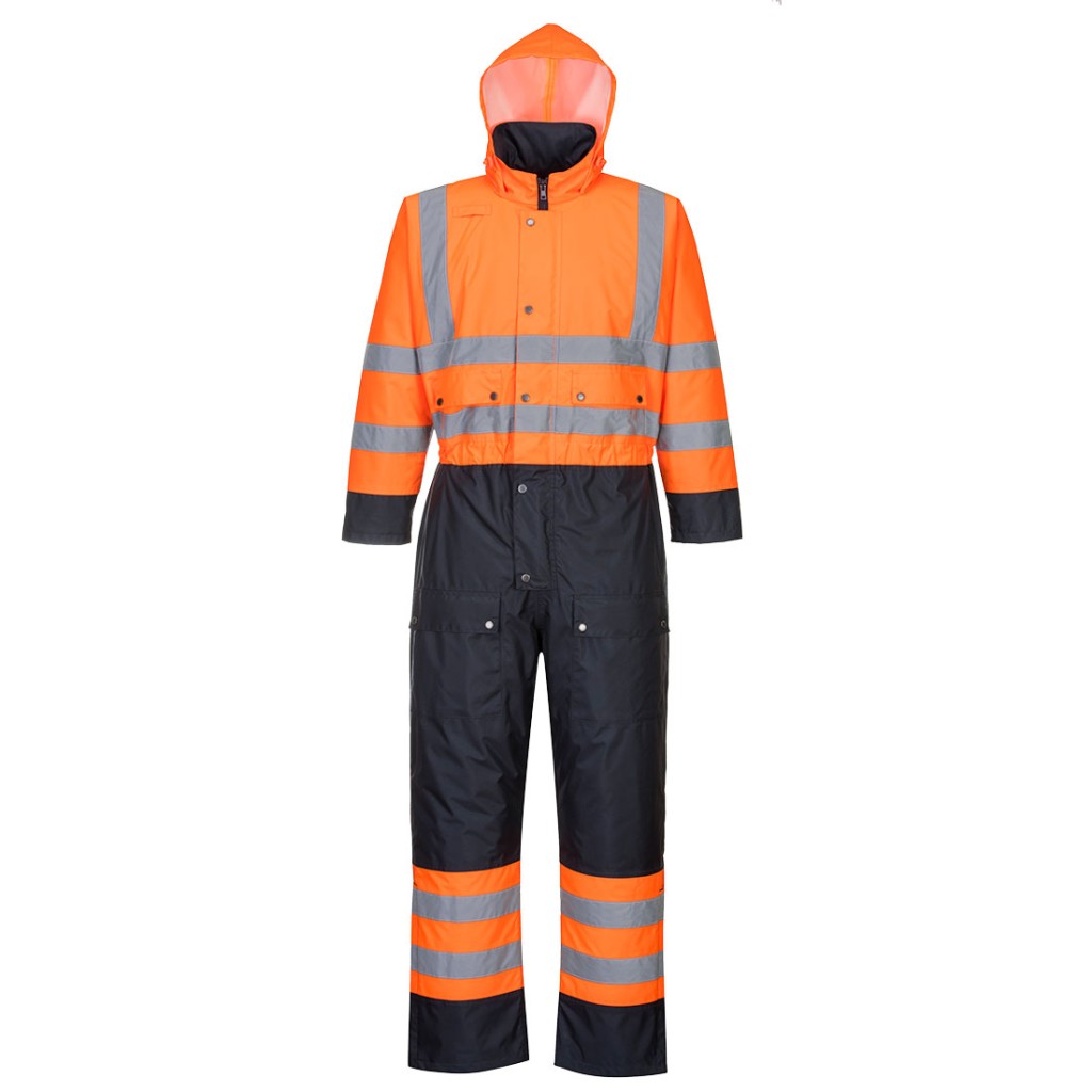 A high-visibility orange coverall featuring retroreflective tape panels, suitable for a wide range of outdoor and site work applications.
