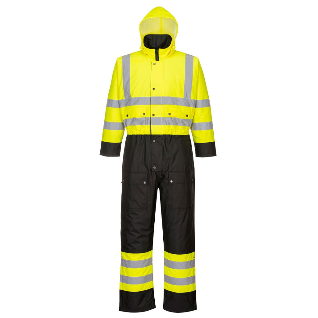 A high-visibility yellow coverall featuring retroreflective tape panels, suitable for a wide range of outdoor and site work applications.