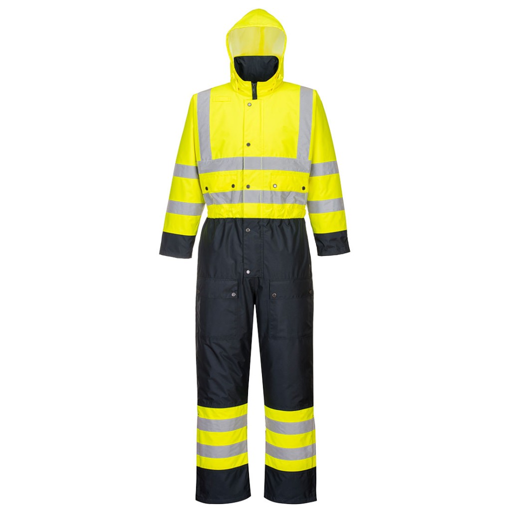 A high-visibility yellow coverall featuring retroreflective tape panels, suitable for a wide range of outdoor and site work applications.