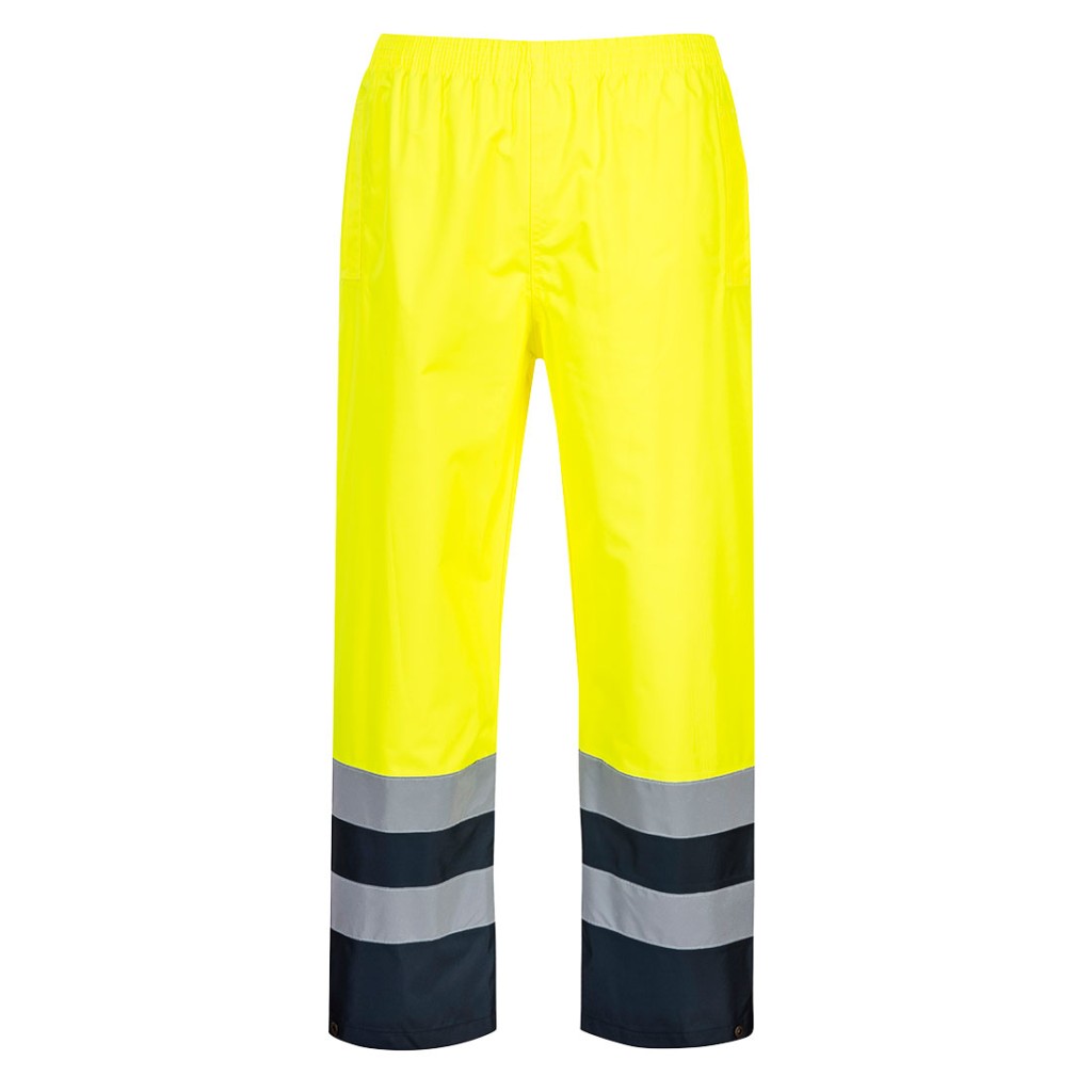 A pair of high-visibility yellow trousers featuring retroreflective tape panels, suitable for a wide range of outdoor and site work applications.