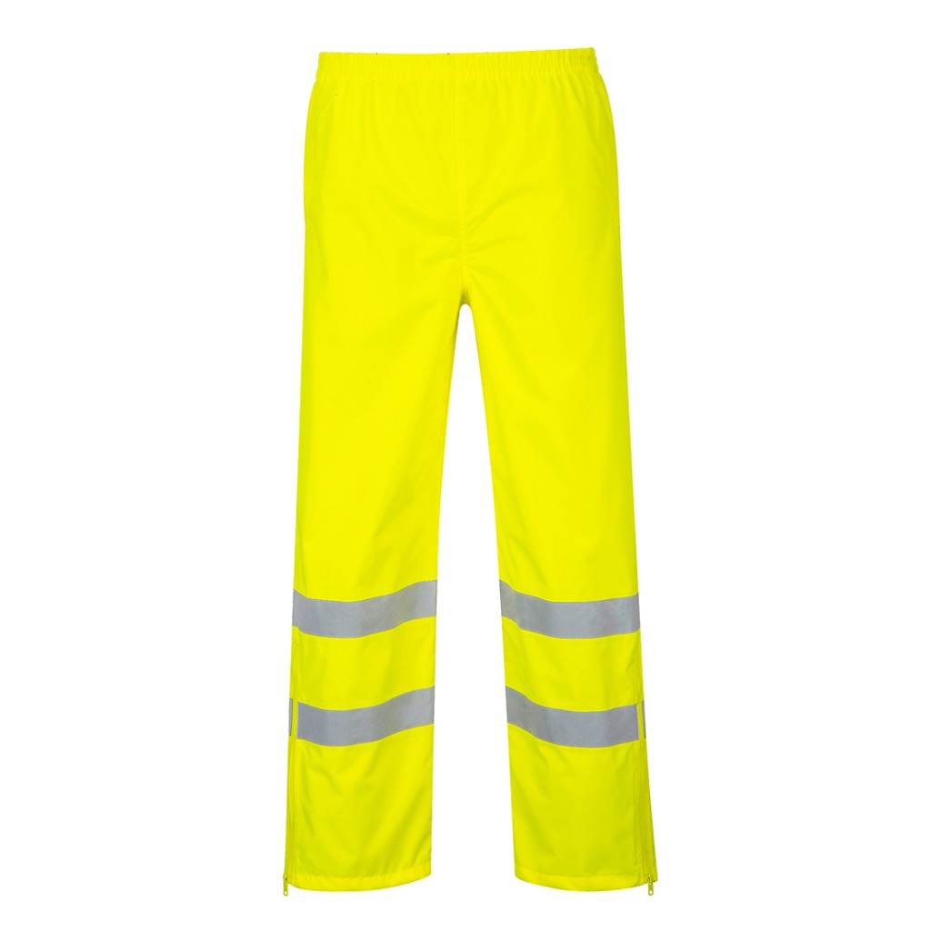 A pair of high-visibility yellow trousers featuring retroreflective tape panels, a breathable membrane, suitable for a wide range of outdoor and site work applications.