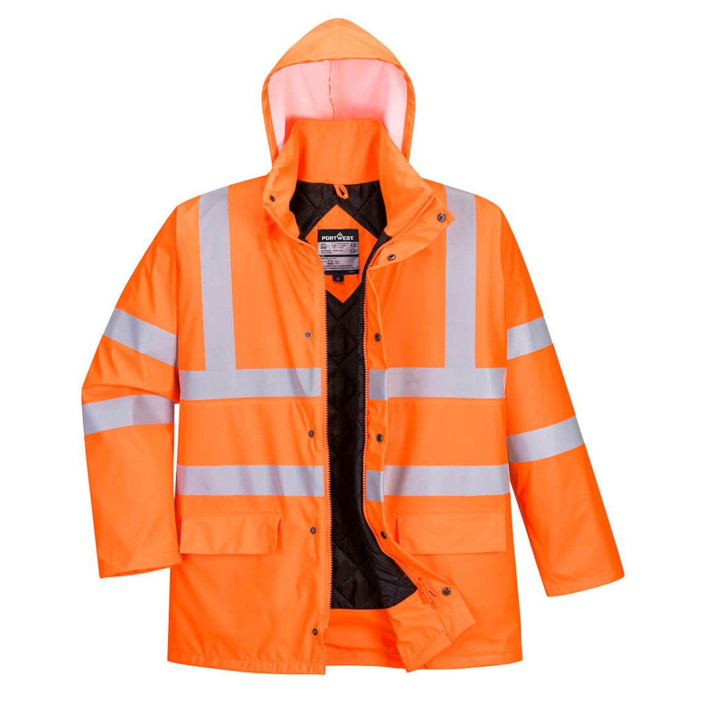 A high-visibility orange jacket featuring retroreflective tape panels, suitable for a wide range of outdoor and site work applications.