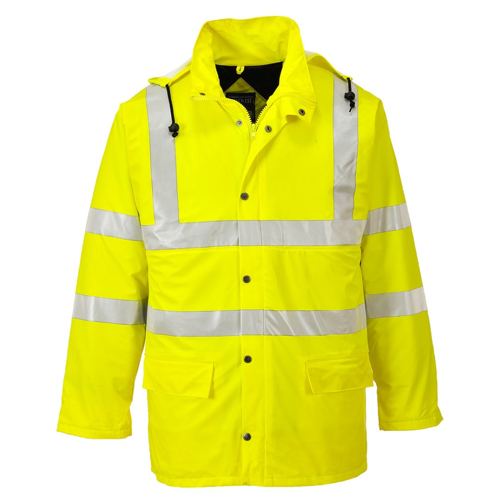 A high-visibility yellow jacket featuring retroreflective tape panels, suitable for a wide range of outdoor and site work applications.