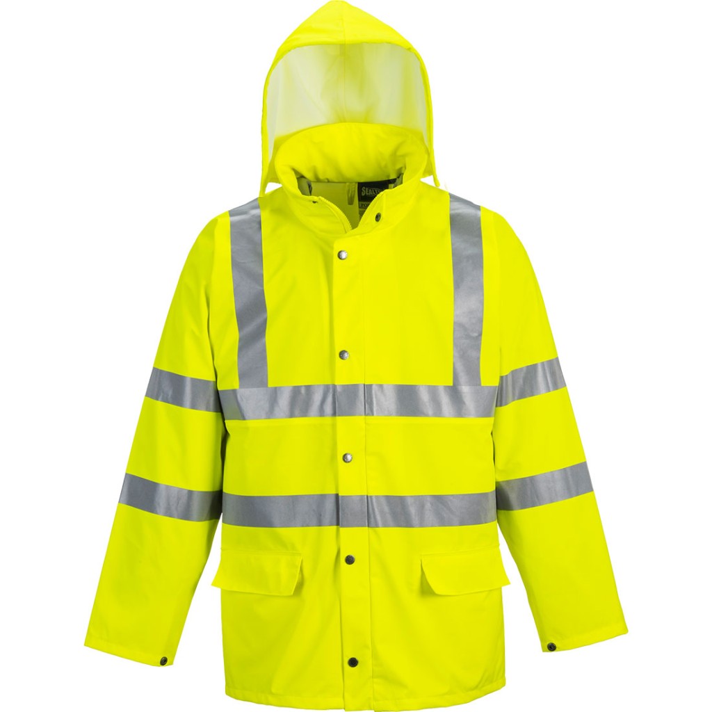 A high-visibility yellow waterproof jacket featuring retroreflective tape panels, suitable for a wide range of outdoor and site work applications.