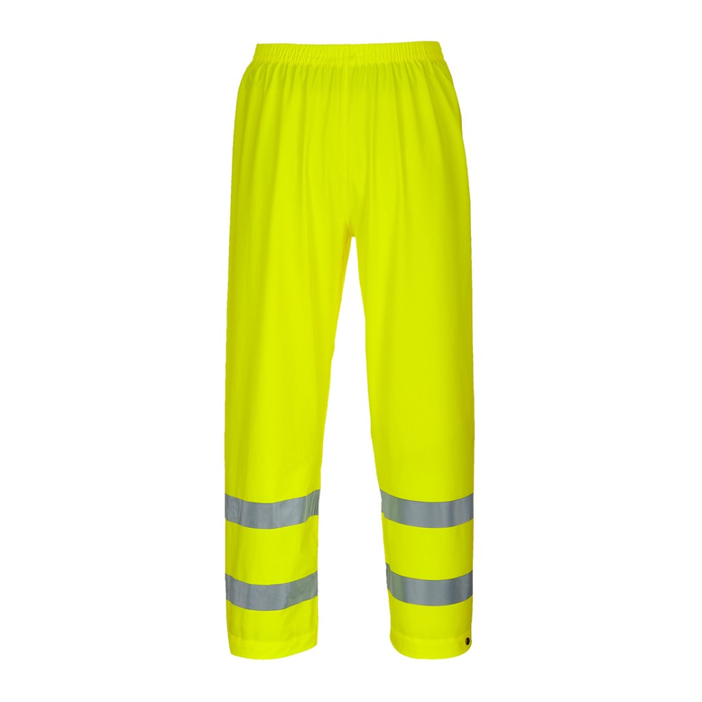 A pair of high-visibility yellow trousers featuring retroreflective tape panels, suitable for a wide range of outdoor and site work applications.