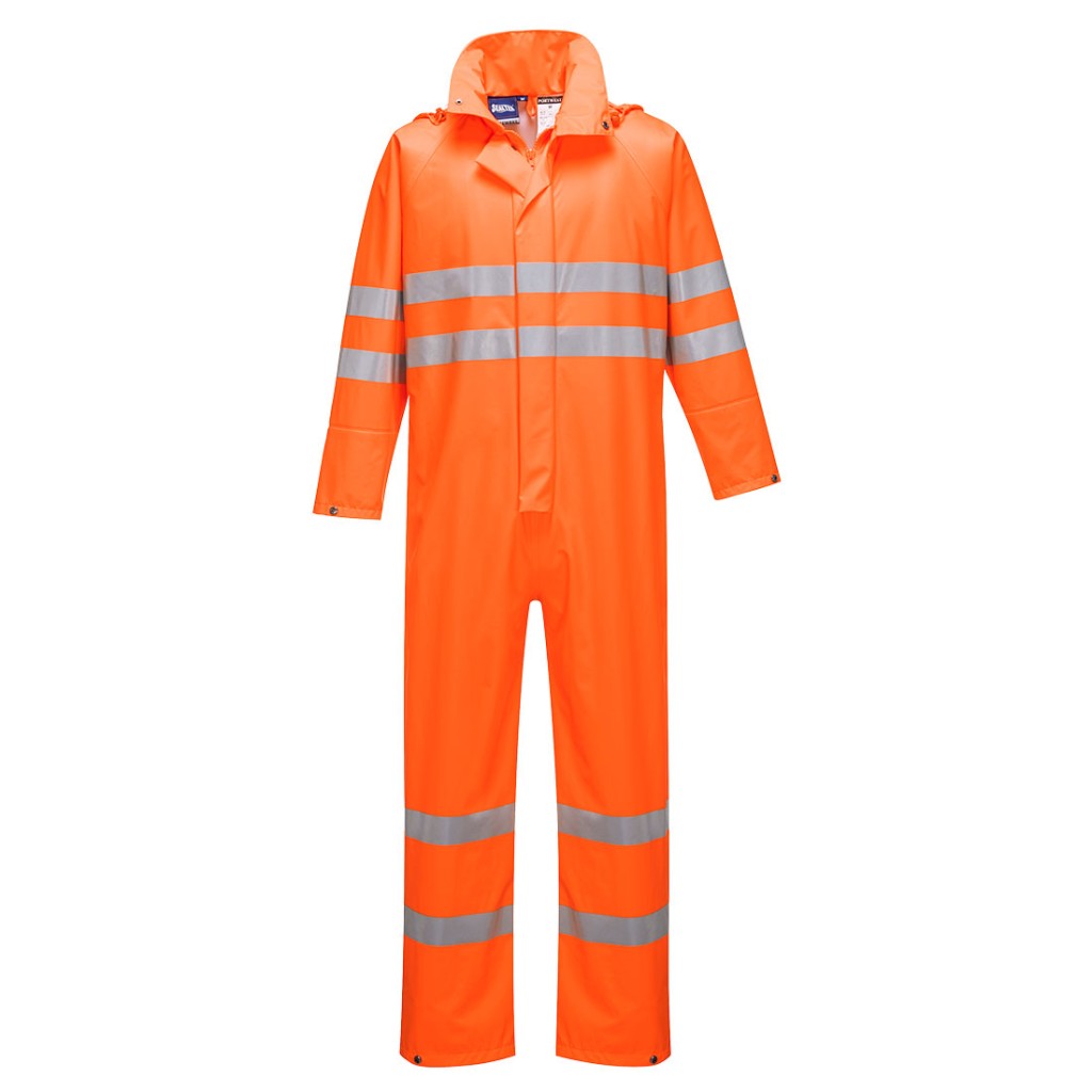A high-visibility orange coverall featuring retroreflective tape panels, suitable for a wide range of outdoor and site work applications.