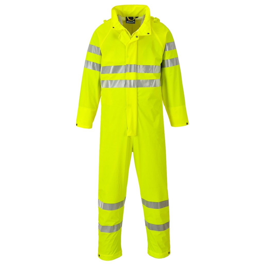 A high-visibility yellow coverall featuring retroreflective tape panels, suitable for a wide range of outdoor and site work applications.