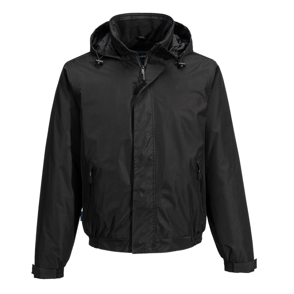 A black jacket designed for use on construction sites and in industrial work environments.,