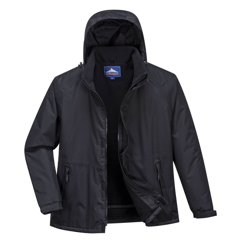 A black jacket designed for use on construction sites and in industrial work environments.,