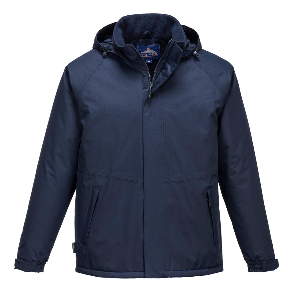 A navy blue jacket designed for use on construction sites and in industrial work environments.,