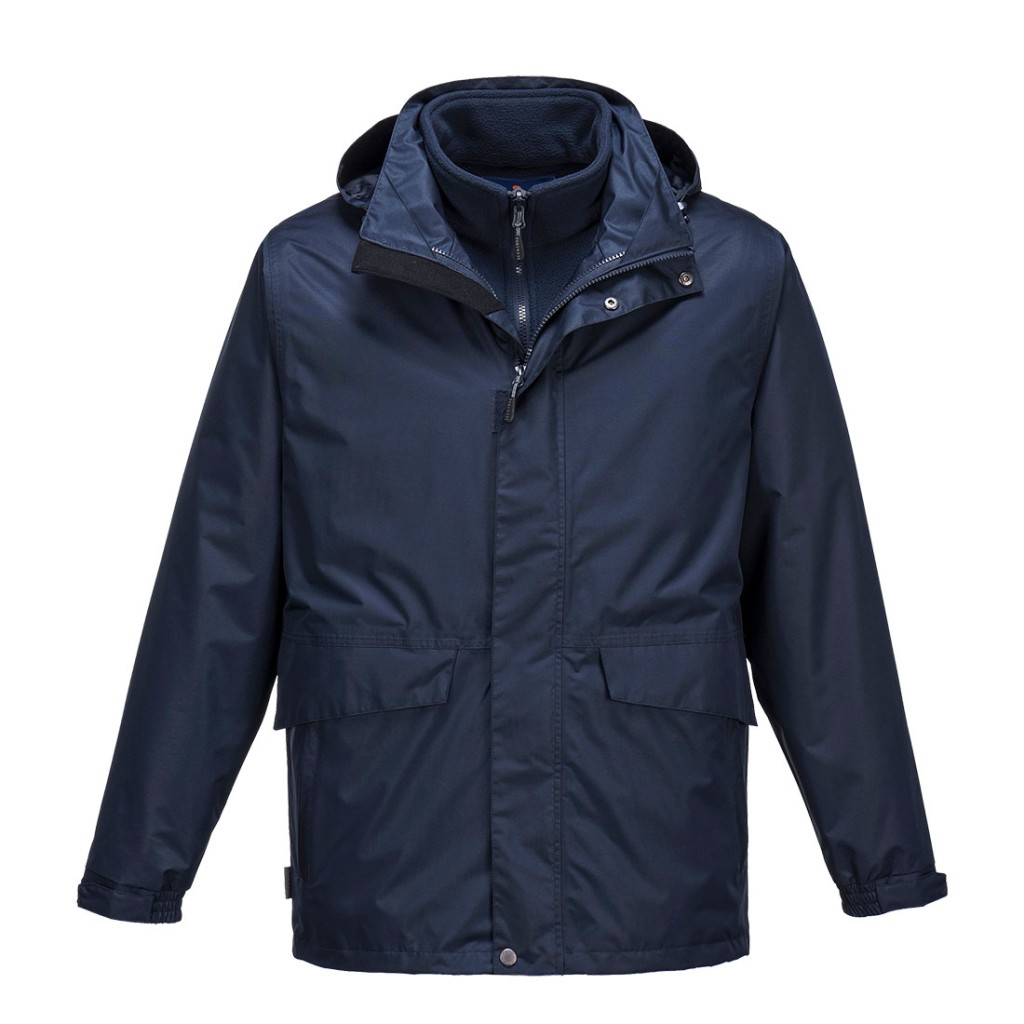 A navy blue jacket designed for use on construction sites and in industrial work environments.,