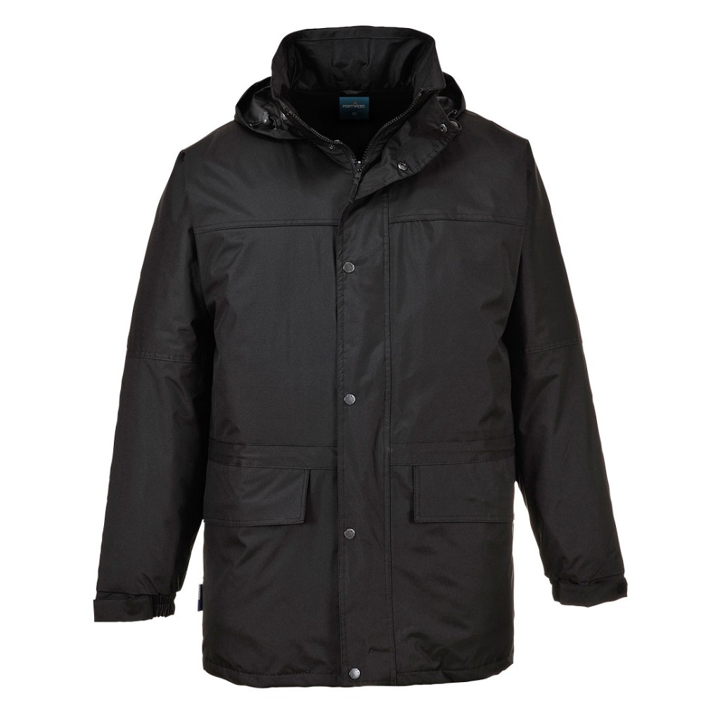 A black jacket designed for use on construction sites and in industrial work environments.,