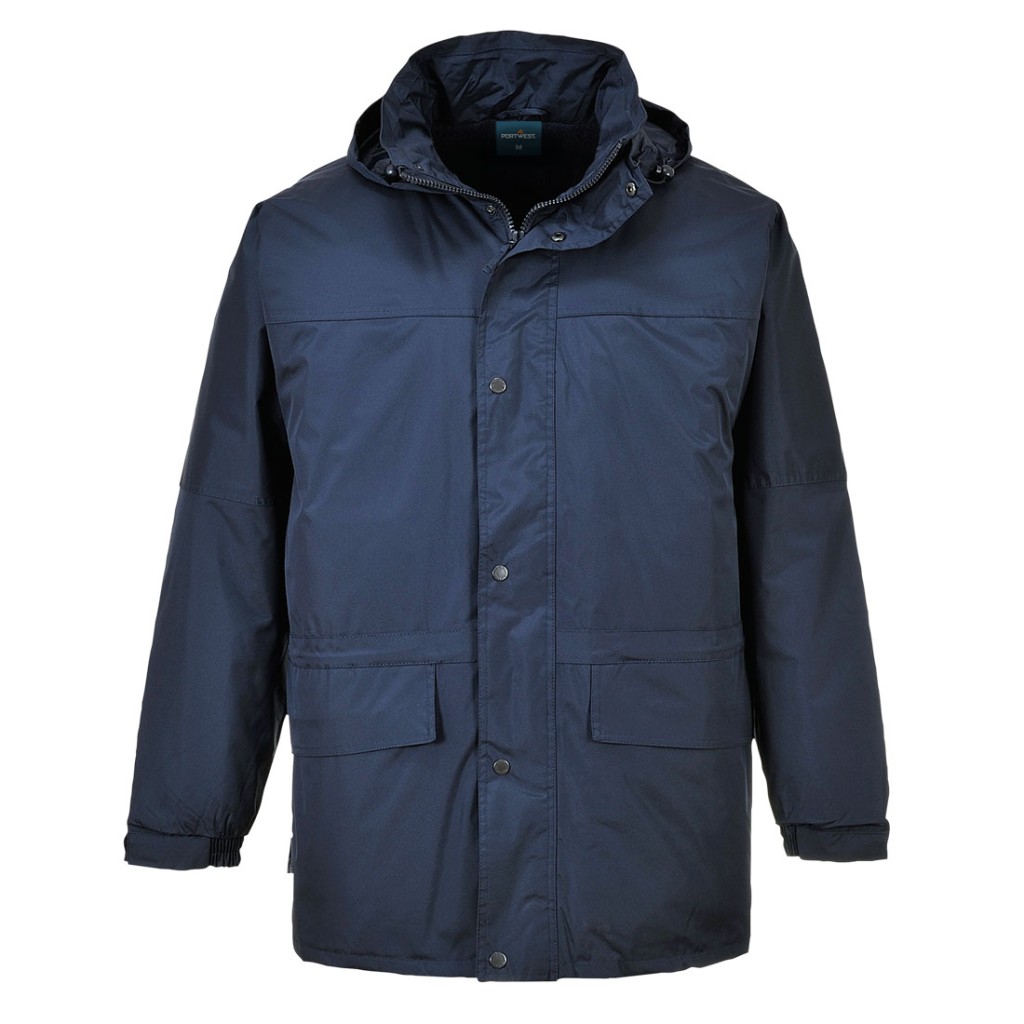 A navy blue jacket designed for use on construction sites and in industrial work environments.,