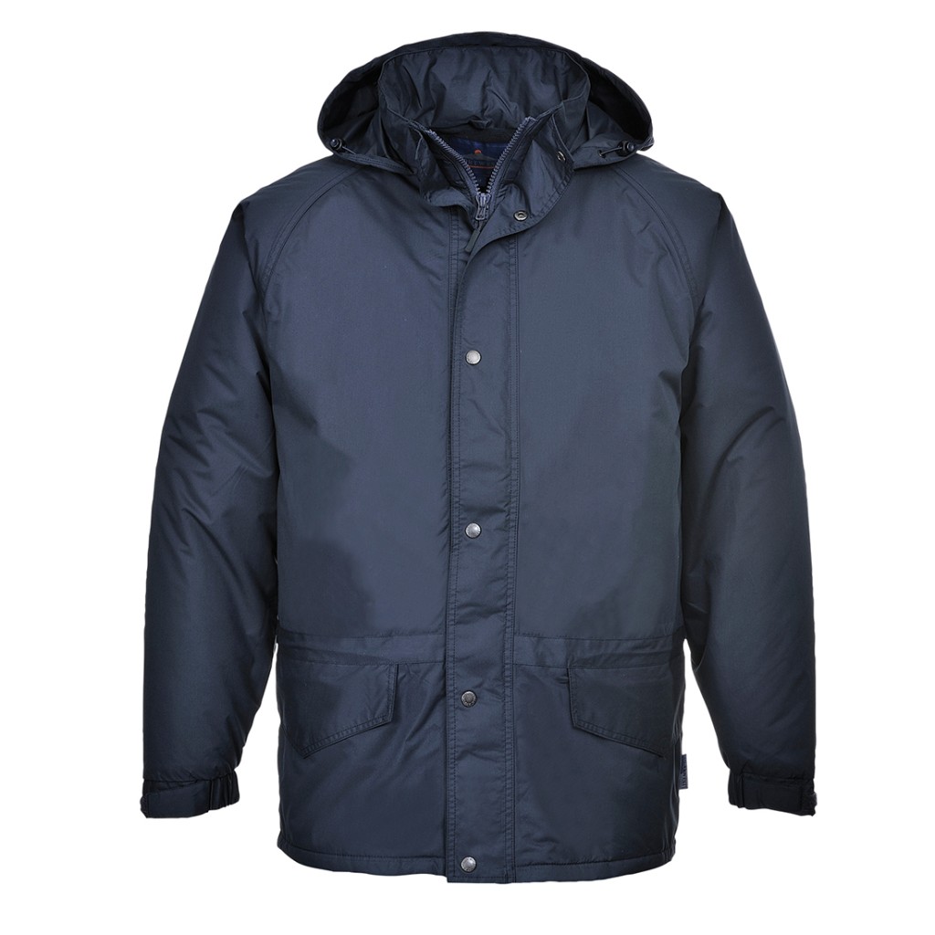 A navy blue jacket designed for use on construction sites and in industrial work environments.,