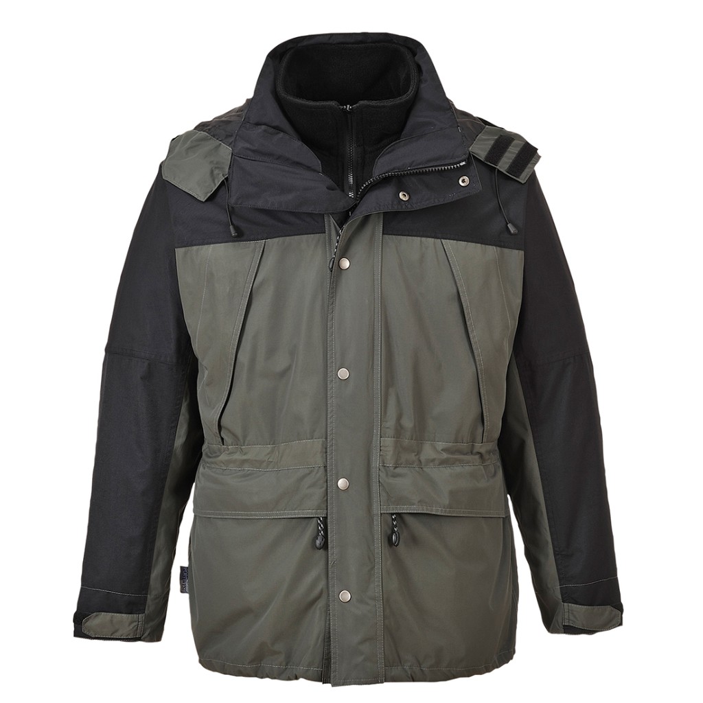 A grey jacket designed for use on construction sites and in industrial work environments.,
