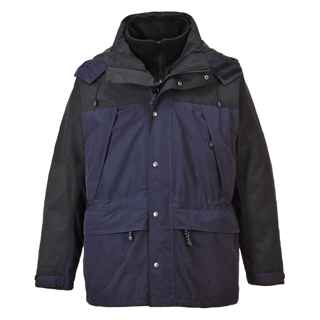 A navy blue jacket designed for use on construction sites and in industrial work environments.,