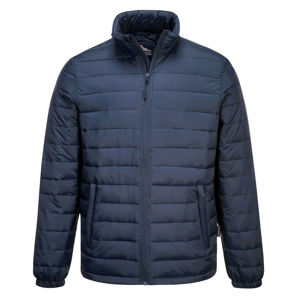 A navy blue jacket designed for use on construction sites and in industrial work environments.,
