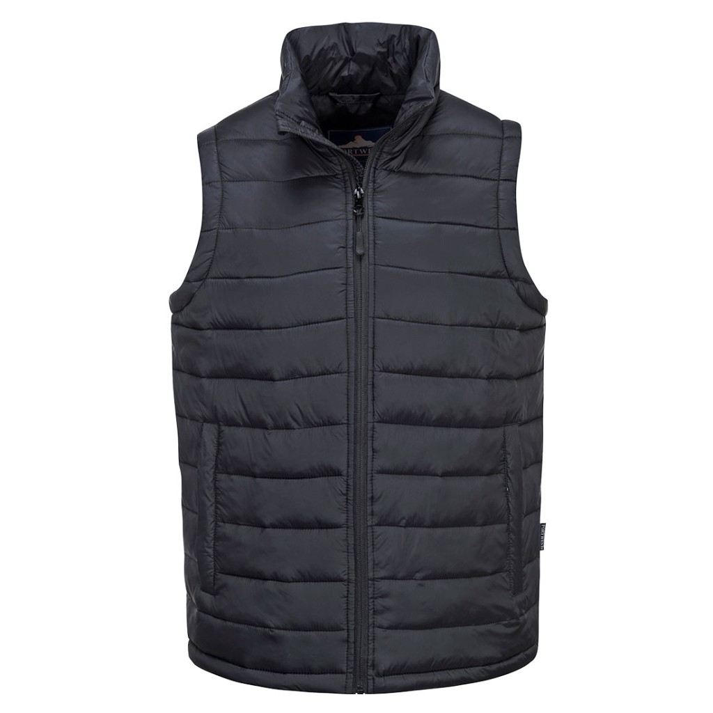 A black safety vest designed for use on construction sites and in industrial work environments.,