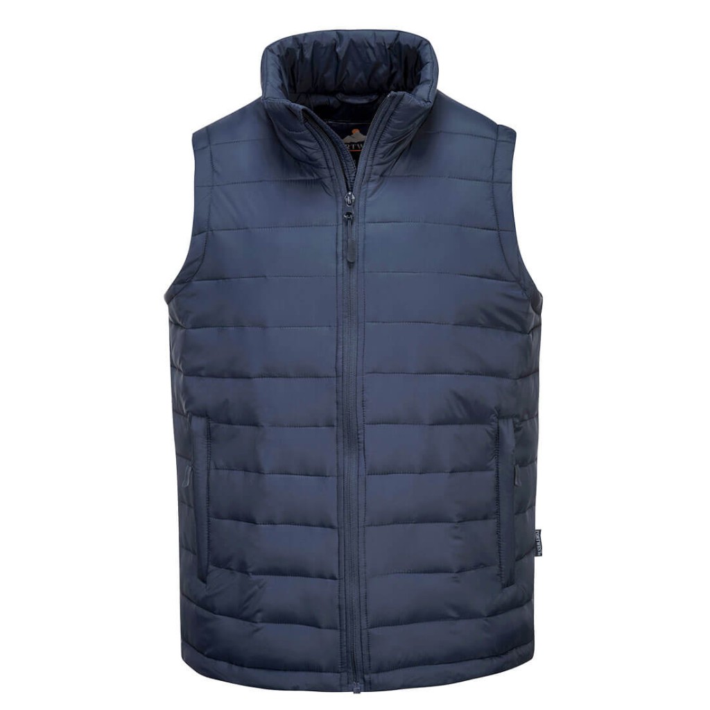 A navy blue safety vest designed for use on construction sites and in industrial work environments.,