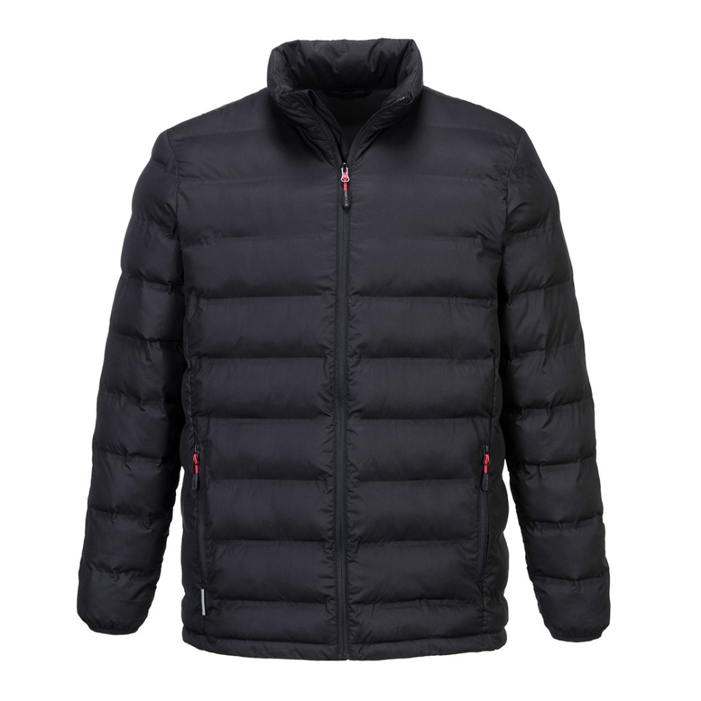 A black jacket designed for use on construction sites and in industrial work environments.,