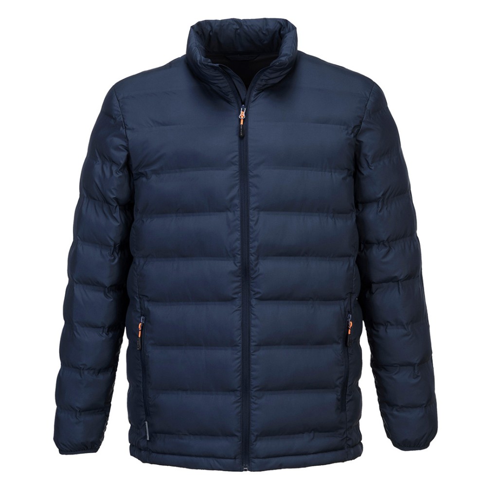 A navy blue jacket designed for use on construction sites and in industrial work environments.,