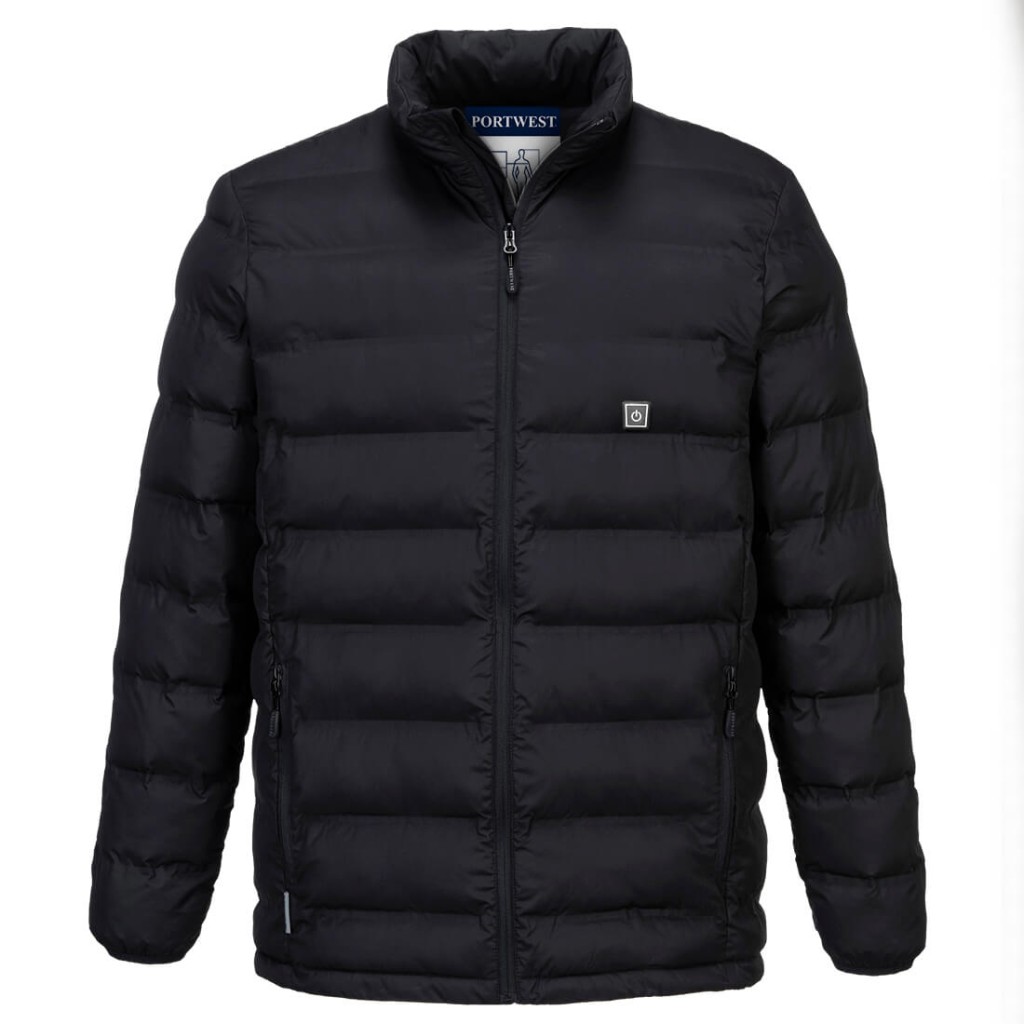 A black jacket designed for use on construction sites and in industrial work environments.,