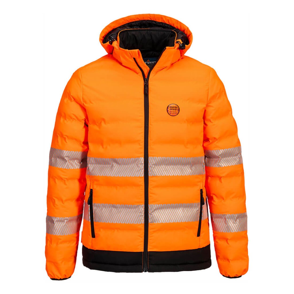 A high-visibility orange jacket featuring retroreflective tape panels, suitable for a wide range of outdoor and site work applications.