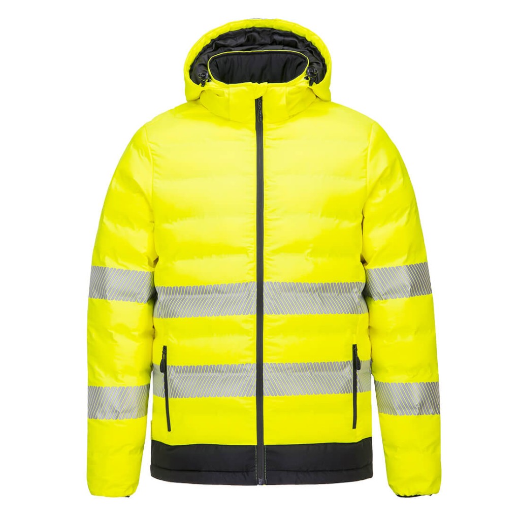 A high-visibility yellow jacket featuring retroreflective tape panels, suitable for a wide range of outdoor and site work applications.