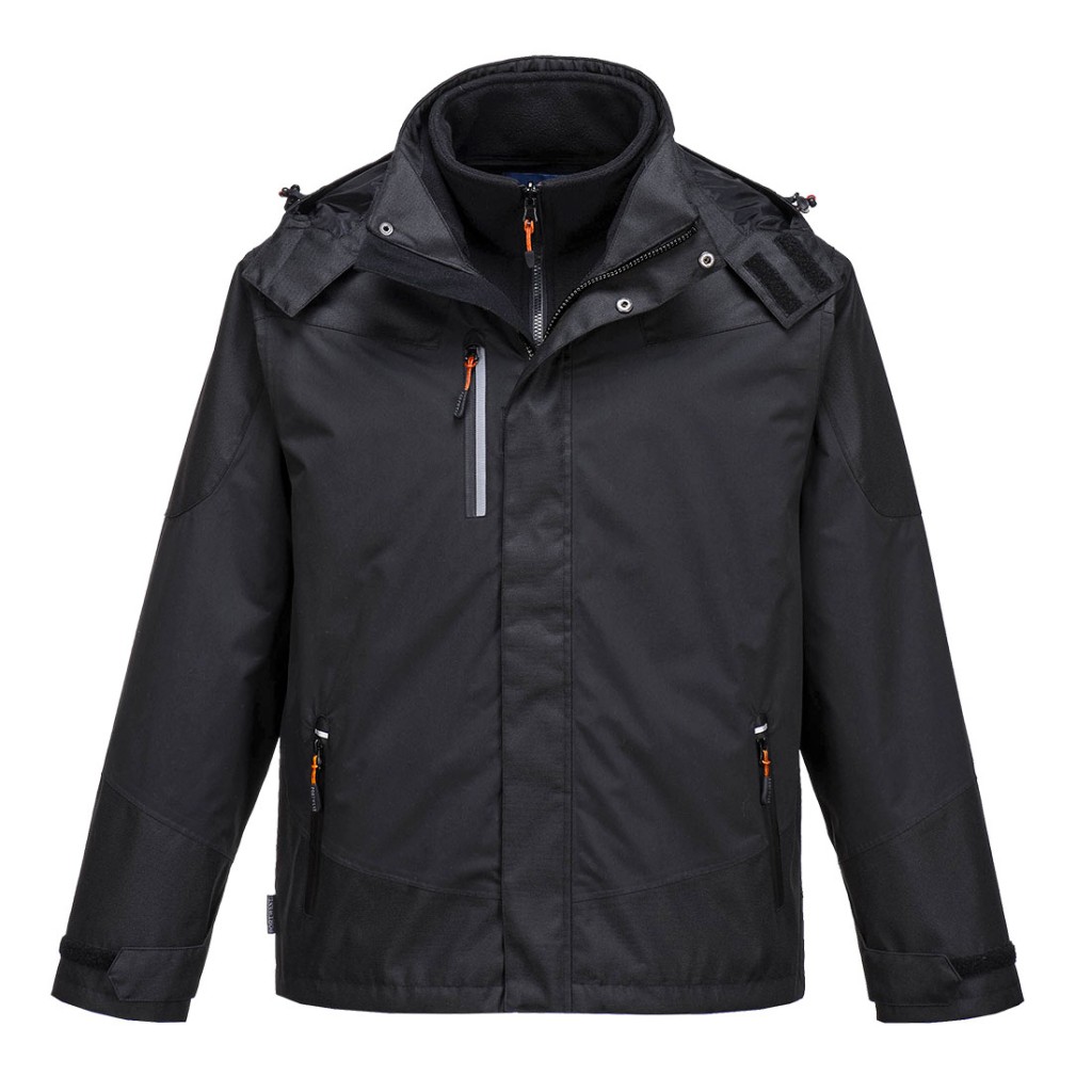 A black jacket designed for use on construction sites and in industrial work environments.,