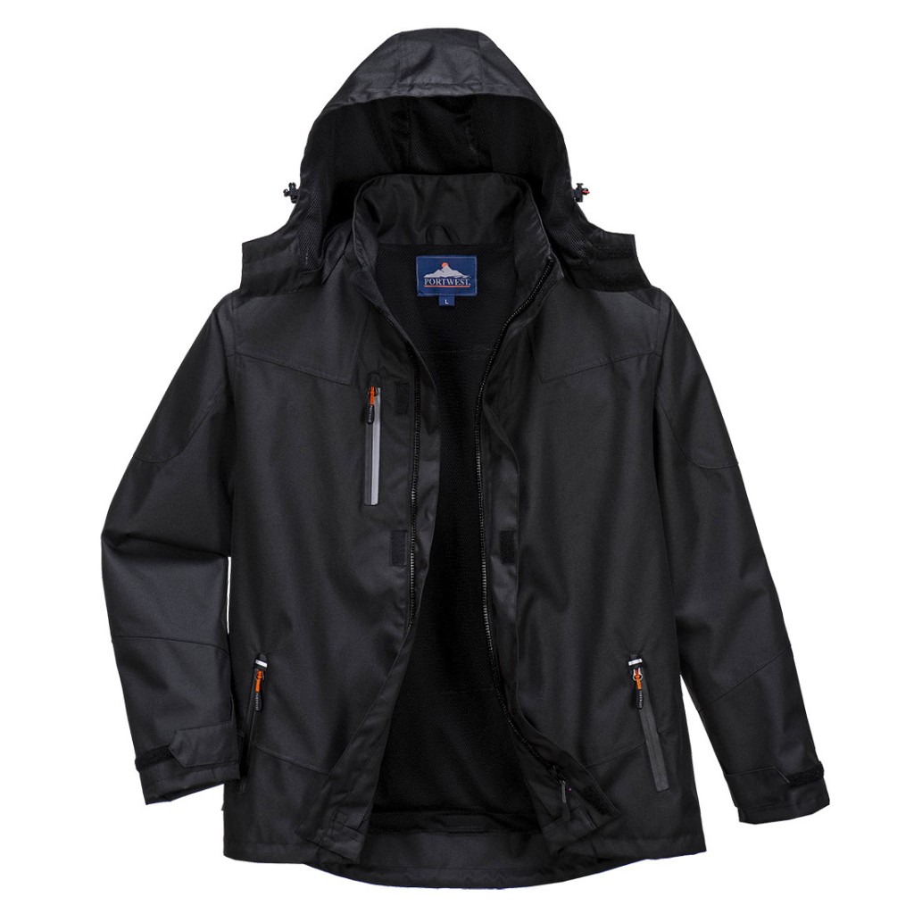 A black waterproof jacket designed for use on construction sites and in industrial work environments.,