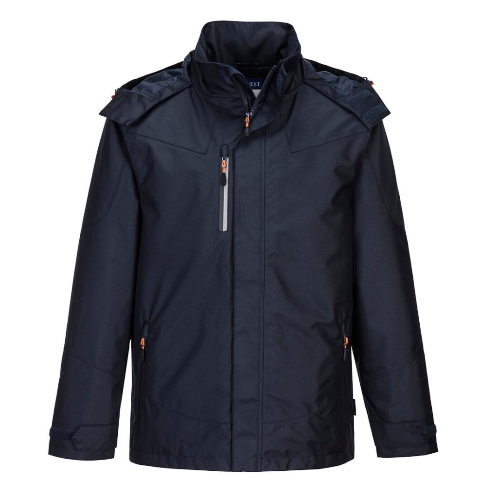 A navy blue waterproof jacket designed for use on construction sites and in industrial work environments.,