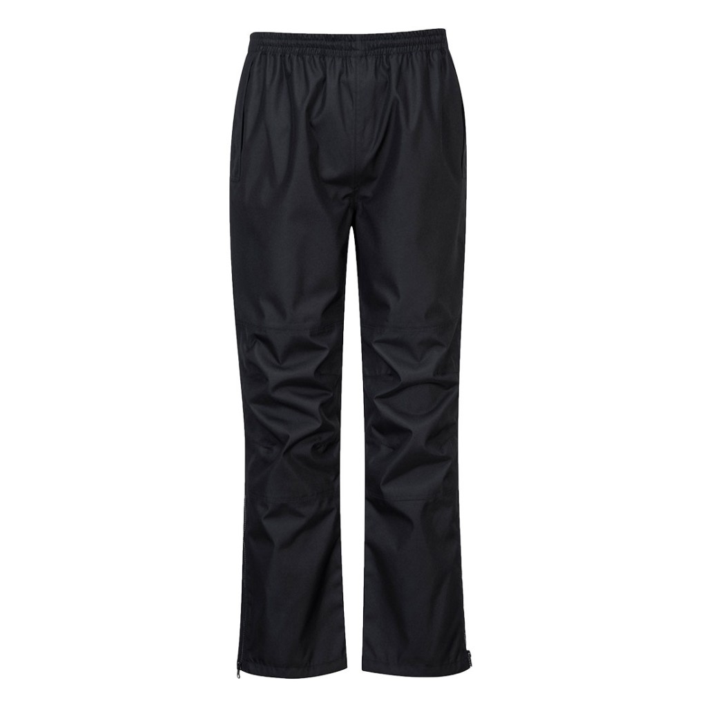A pair of black work trousers designed for use on construction sites and in industrial work environments.,