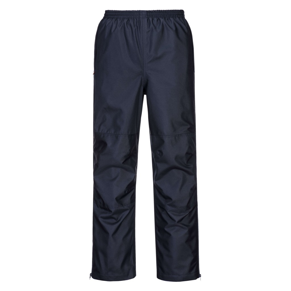 A pair of navy blue work trousers designed for use on construction sites and in industrial work environments.,