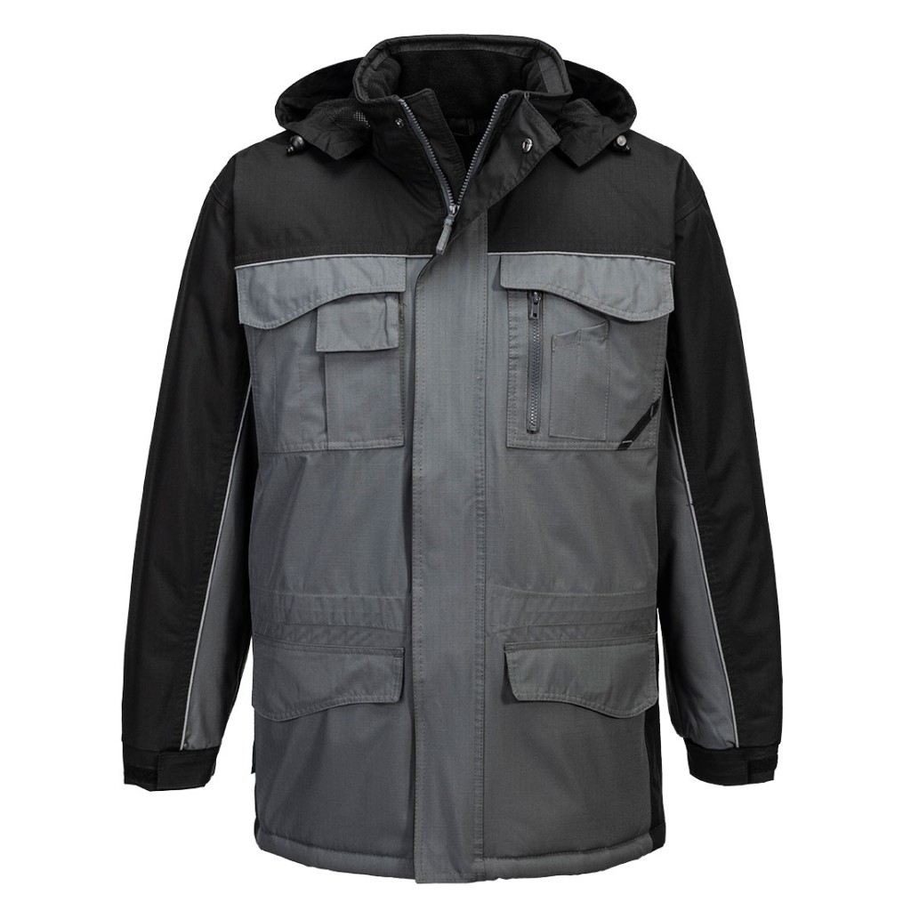A black jacket designed for use on construction sites and in industrial work environments.,